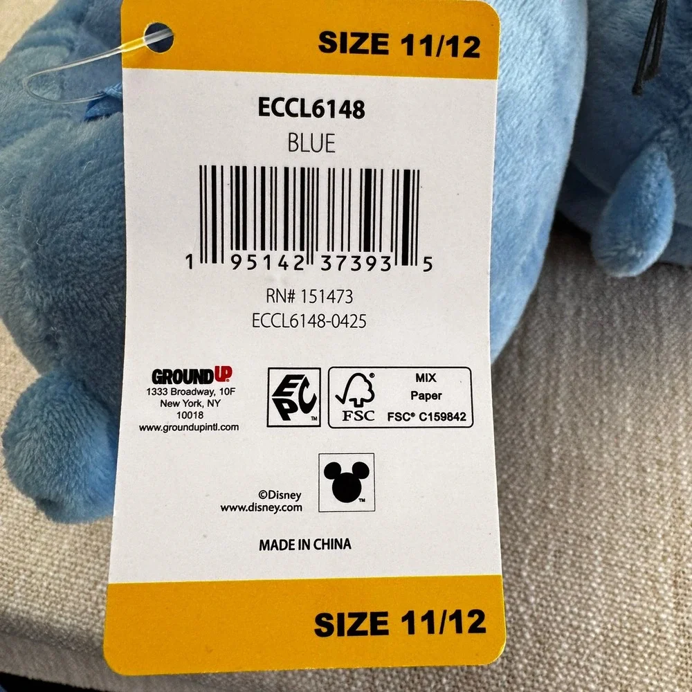 Disney Stitch Kids Pop Up Ears Plush Slippers Blue Size‎ 11/12 NEW